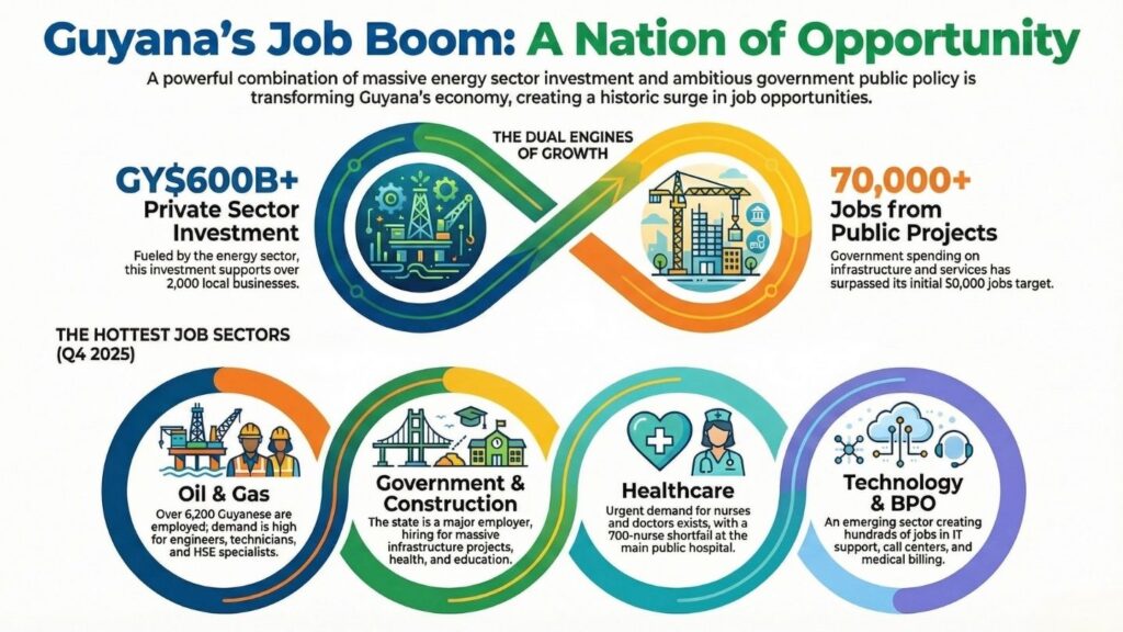 Infographic summarizing Guyana’s Q4 2025 job market, highlighting key sectors such as oil and gas, construction, healthcare, and technology.