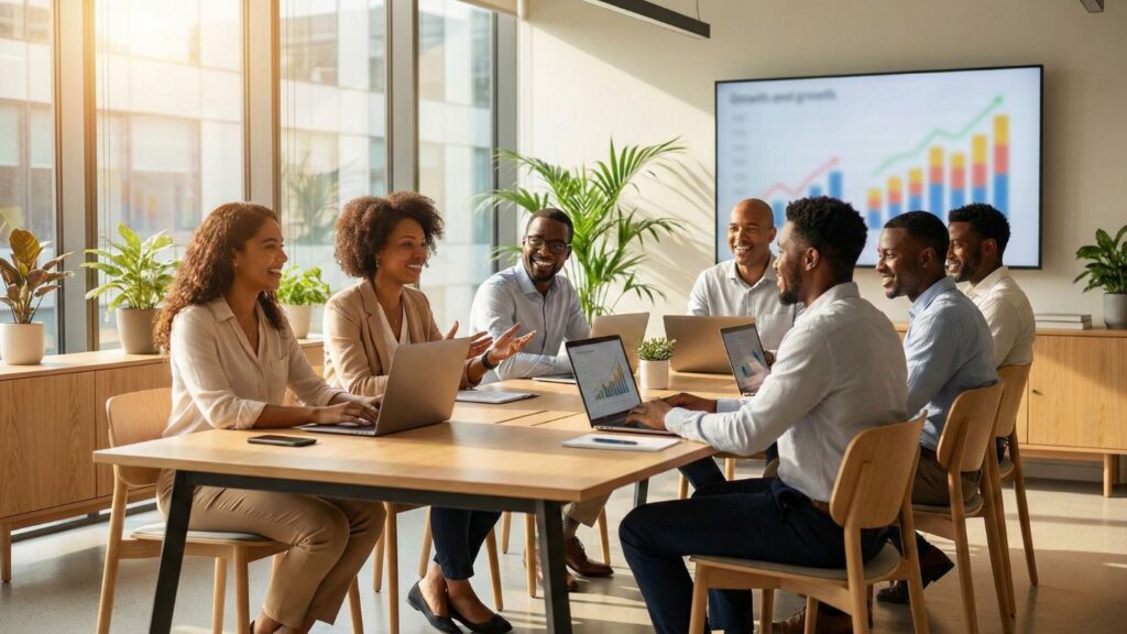 Diverse team of Guyanese and Caribbean professionals collaborating in a modern office during a hiring trends discussion in Guyana.