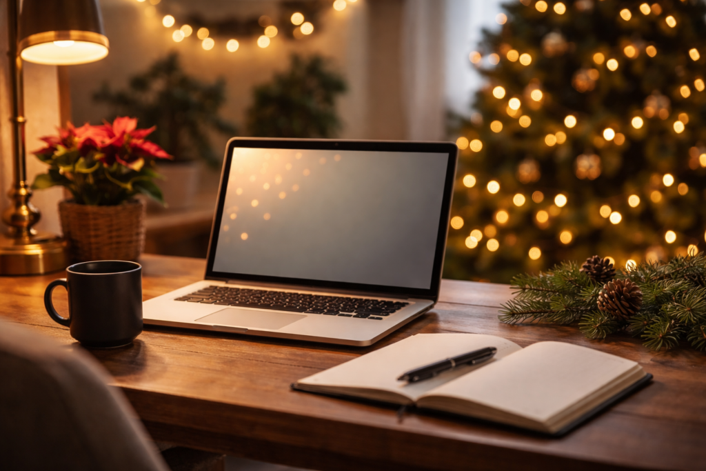 Laptop on a work desk during the holiday season, representing upskilling and career preparation in Guyana for 2026